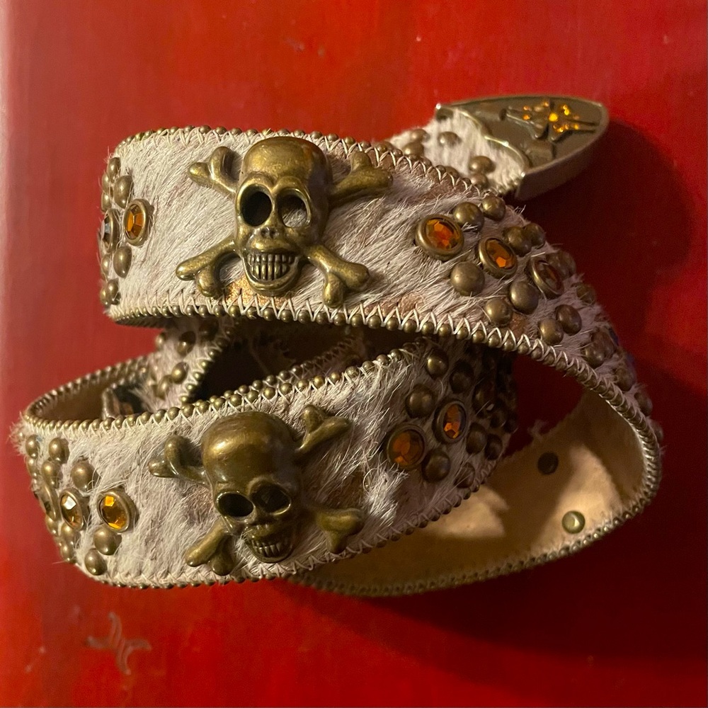 Rhinestone Belt with Skulls and cowhide, BB Simon